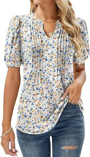 Micoson Womens V Neck Puff Short Sleeve Pleated T Shirts Fashion Summer Tops Casual Tunic Blouse