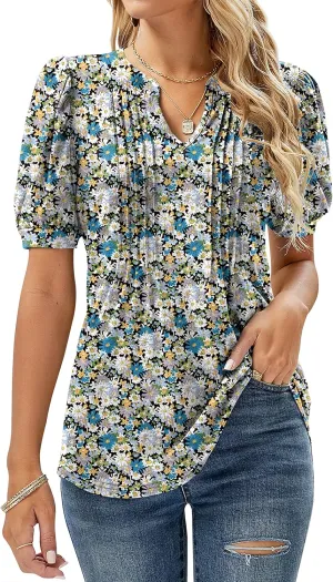 Micoson Womens V Neck Puff Short Sleeve Pleated T Shirts Fashion Summer Tops Casual Tunic Blouse