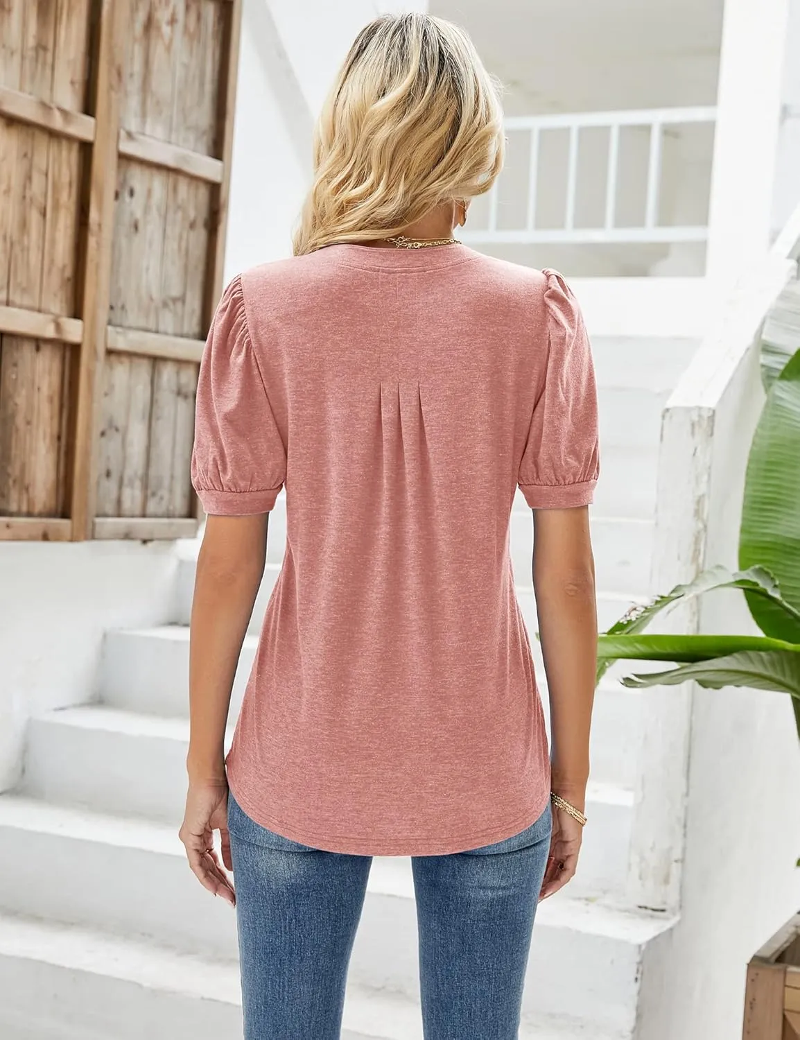 Micoson Womens V Neck Puff Short Sleeve Pleated T Shirts Fashion Summer Tops Casual Tunic Blouse