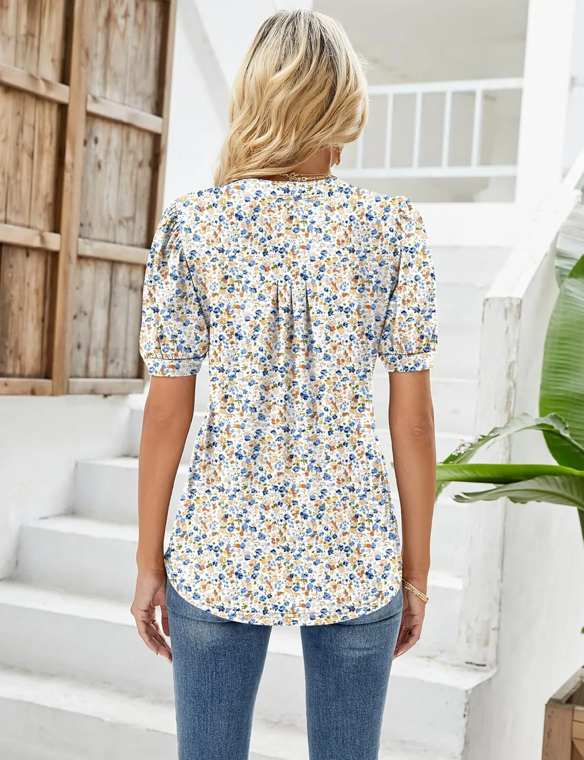 Micoson Womens V Neck Puff Short Sleeve Pleated T Shirts Fashion Summer Tops Casual Tunic Blouse