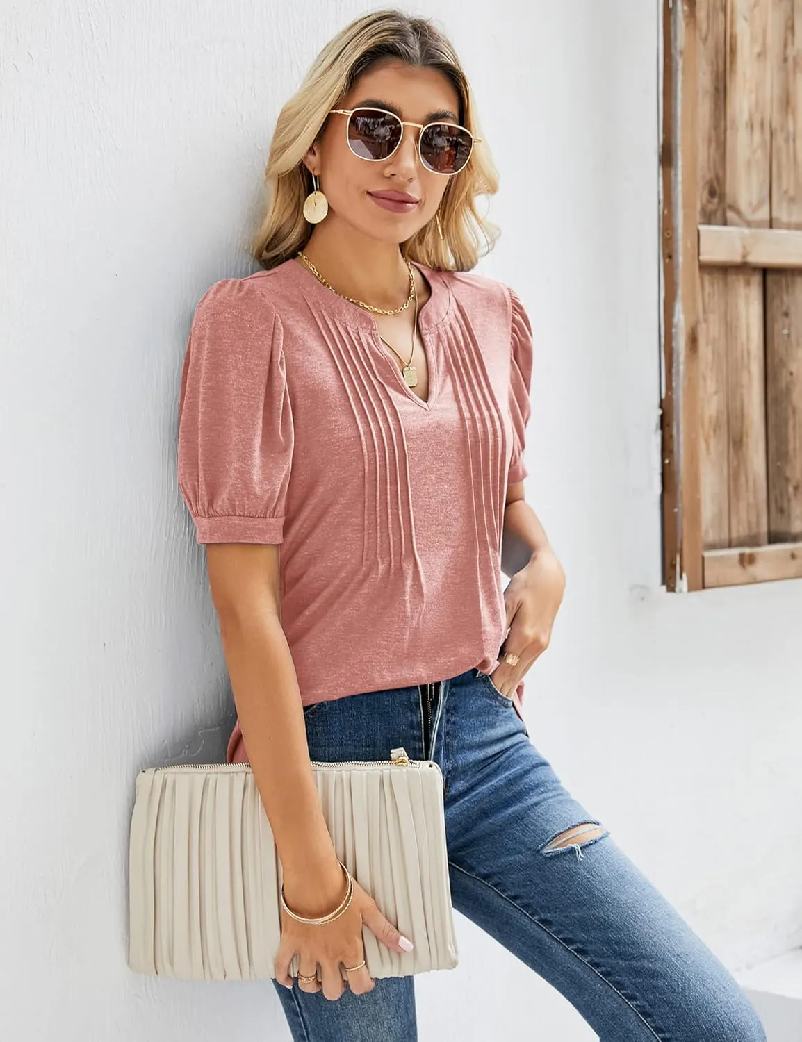 Micoson Womens V Neck Puff Short Sleeve Pleated T Shirts Fashion Summer Tops Casual Tunic Blouse