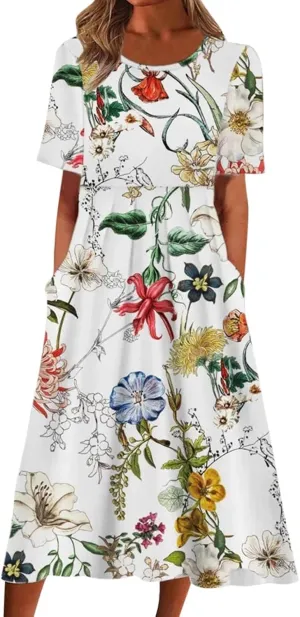 Midi Dresses for Women 2024 Casual Summer Fashion Short Sleeve T Shirts Dress Boho Beach Vacation Floral Print Cute Sundress