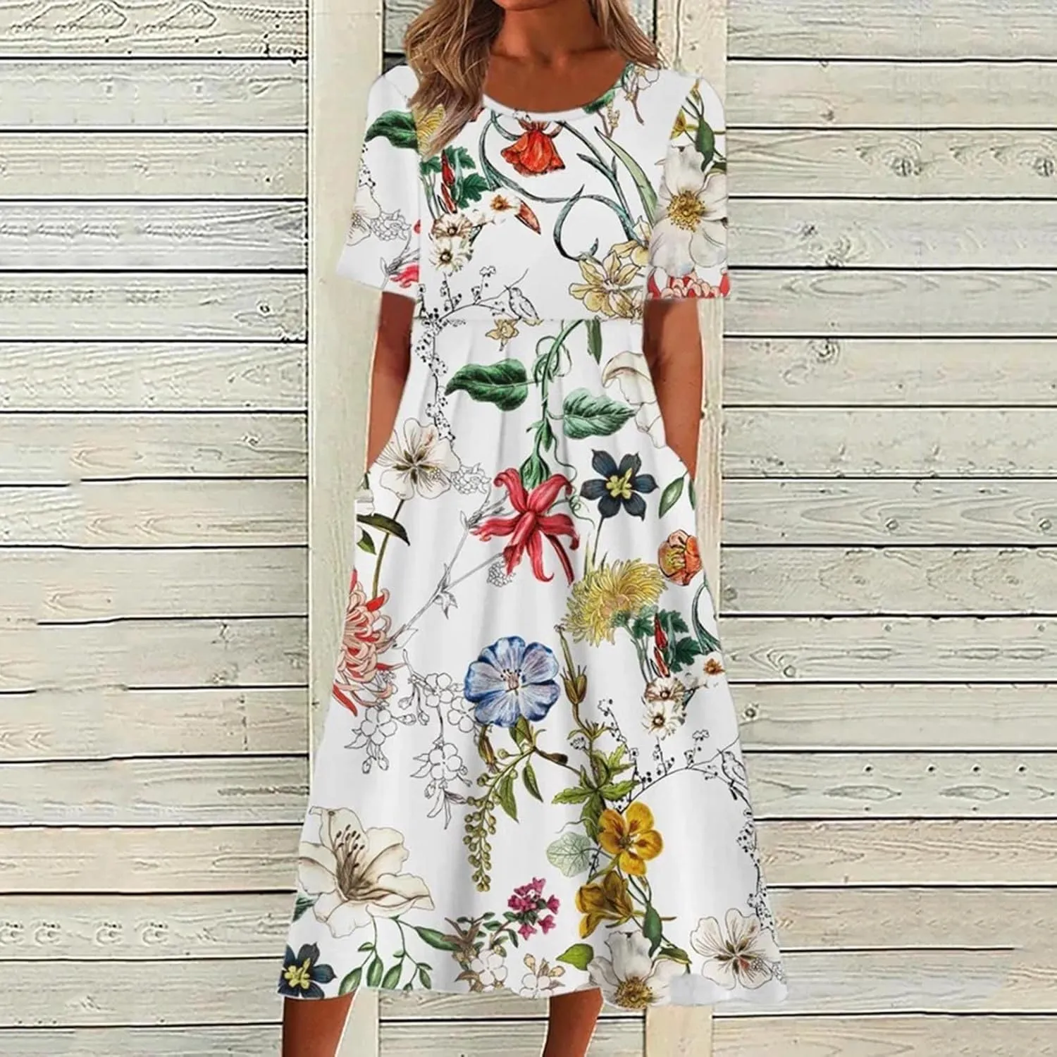 Midi Dresses for Women 2024 Casual Summer Fashion Short Sleeve T Shirts Dress Boho Beach Vacation Floral Print Cute Sundress