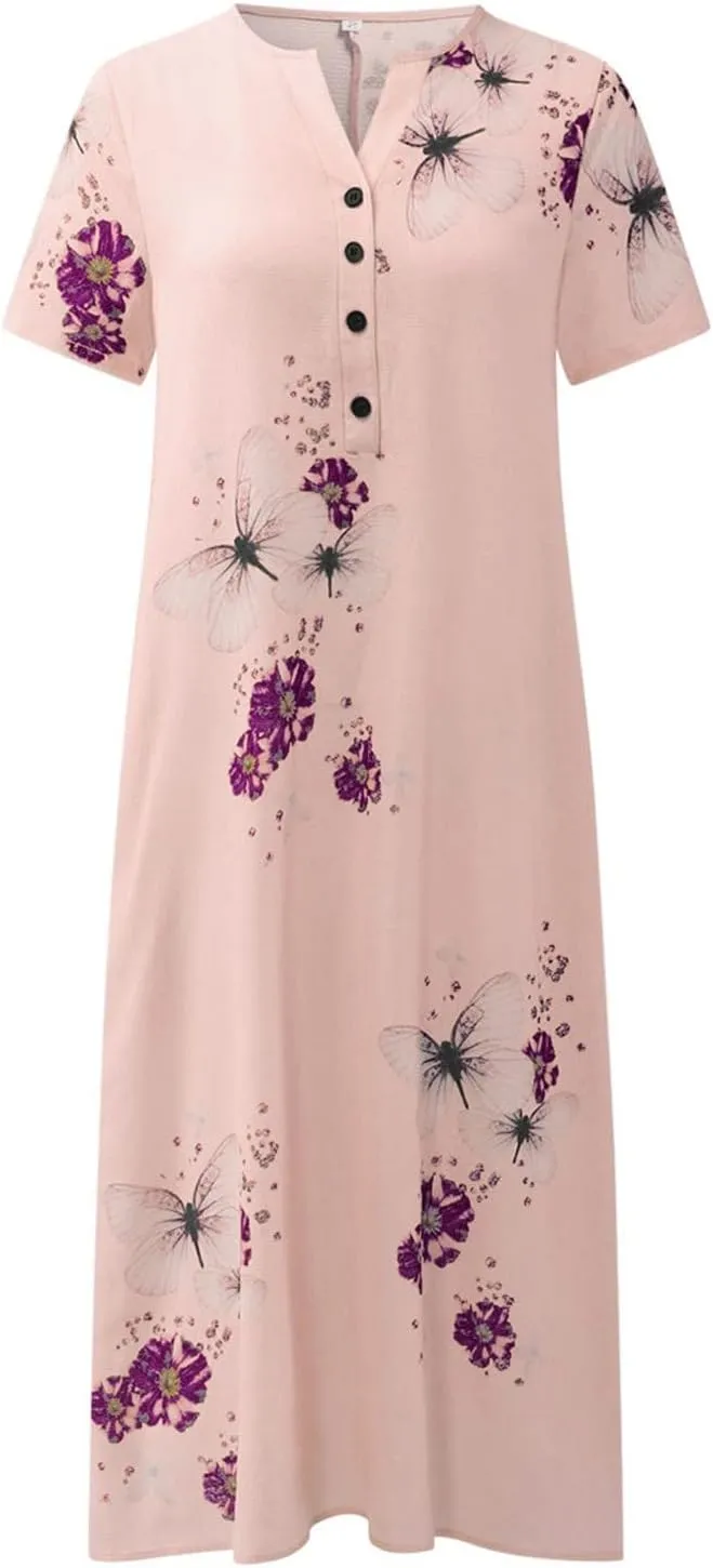 Midi Dresses for Women 2024 Casual Summer Fashion Short Sleeve T Shirts Dress Boho Beach Vacation Floral Print Cute Sundress