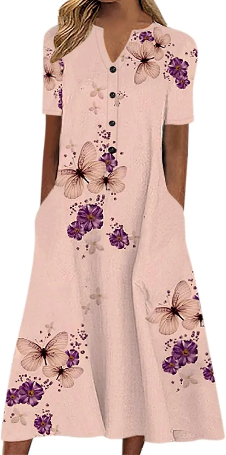 Midi Dresses for Women 2024 Casual Summer Fashion Short Sleeve T Shirts Dress Boho Beach Vacation Floral Print Cute Sundress