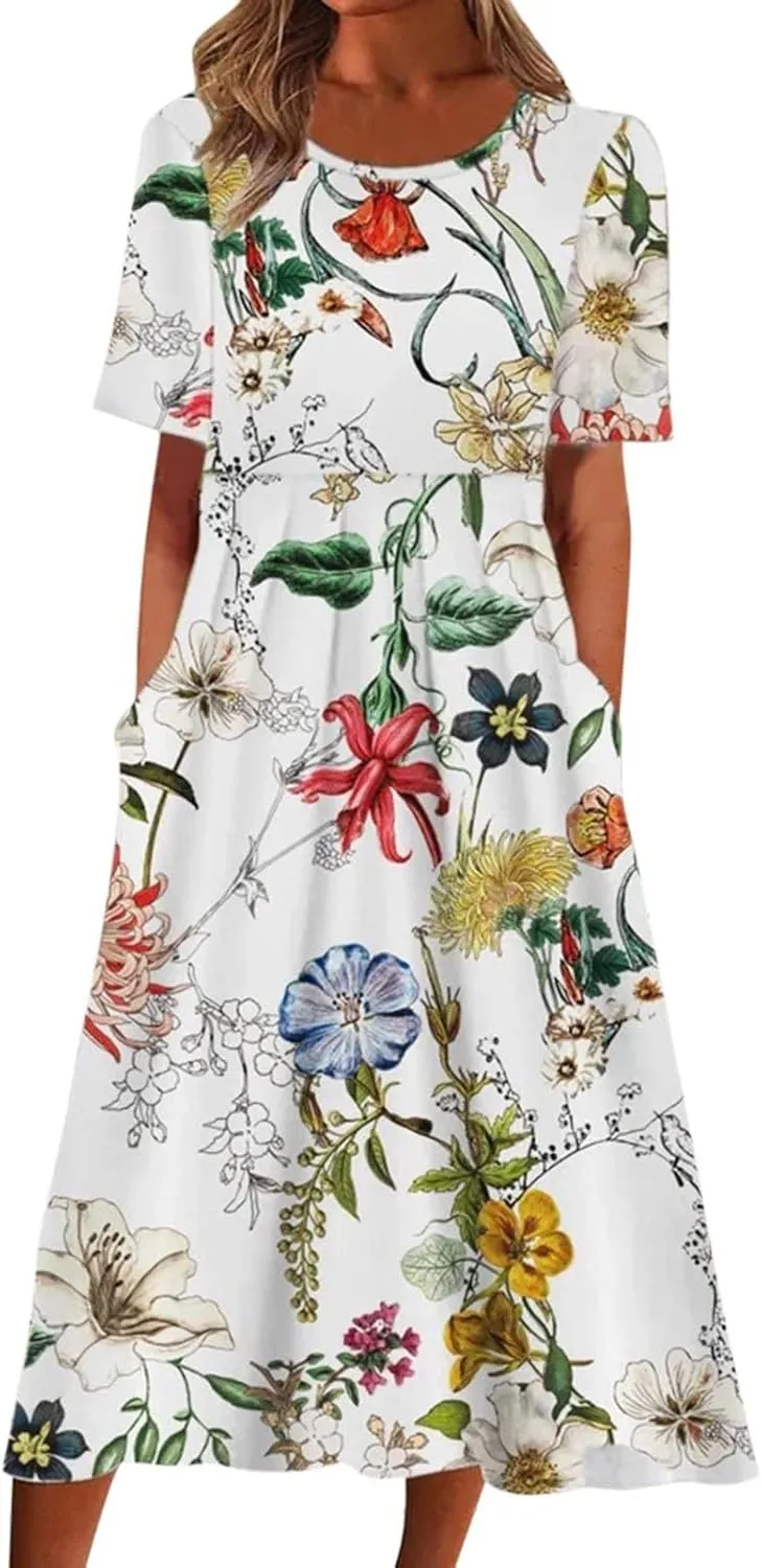 Midi Dresses for Women 2024 Casual Summer Fashion Short Sleeve T Shirts Dress Boho Beach Vacation Floral Print Cute Sundress