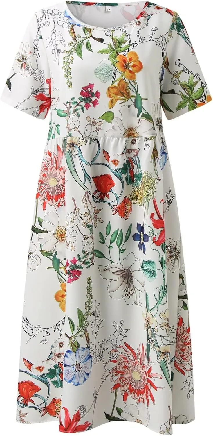Midi Dresses for Women 2024 Casual Summer Fashion Short Sleeve T Shirts Dress Boho Beach Vacation Floral Print Cute Sundress