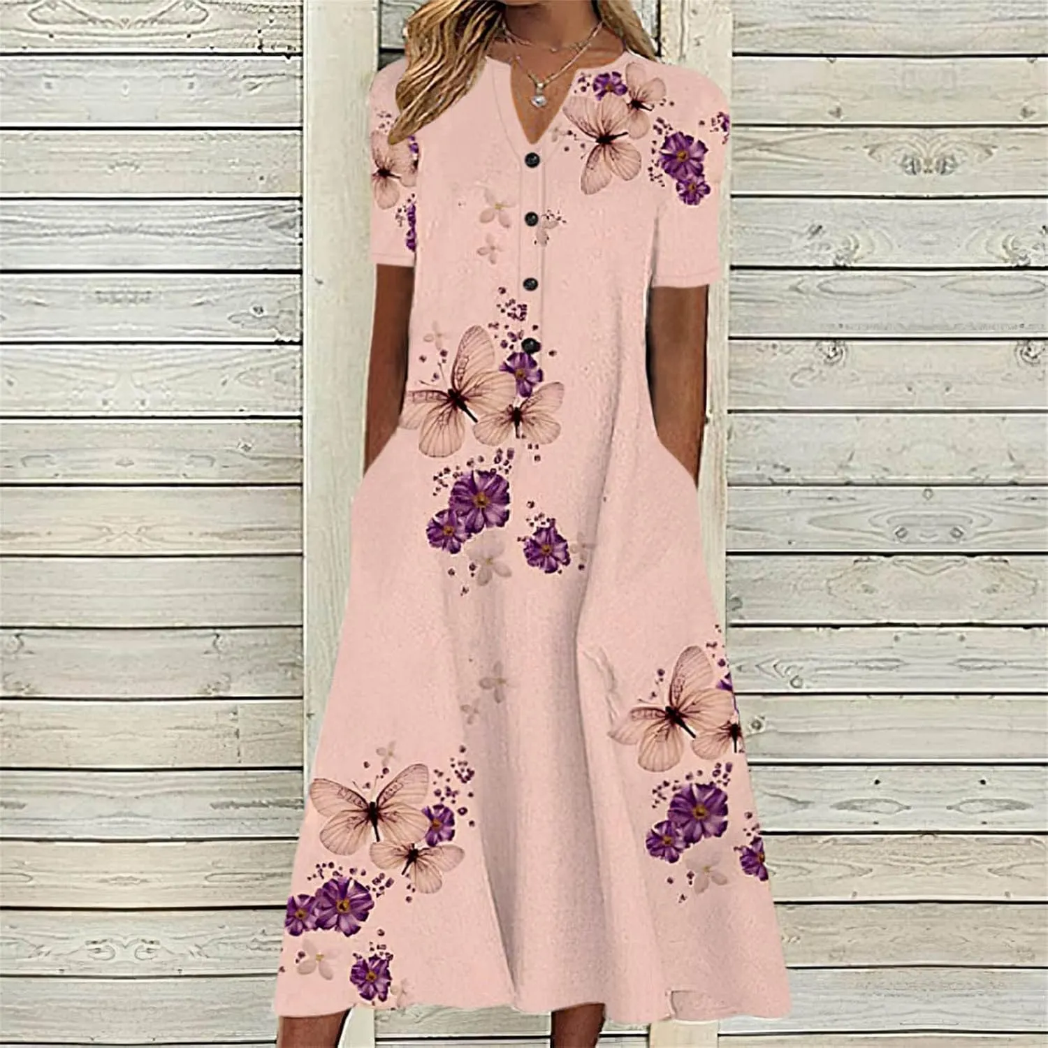 Midi Dresses for Women 2024 Casual Summer Fashion Short Sleeve T Shirts Dress Boho Beach Vacation Floral Print Cute Sundress