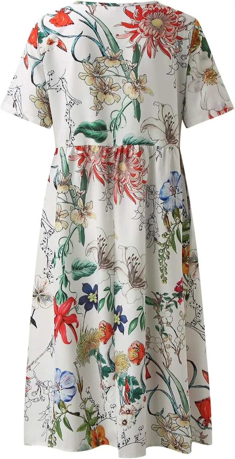 Midi Dresses for Women 2024 Casual Summer Fashion Short Sleeve T Shirts Dress Boho Beach Vacation Floral Print Cute Sundress