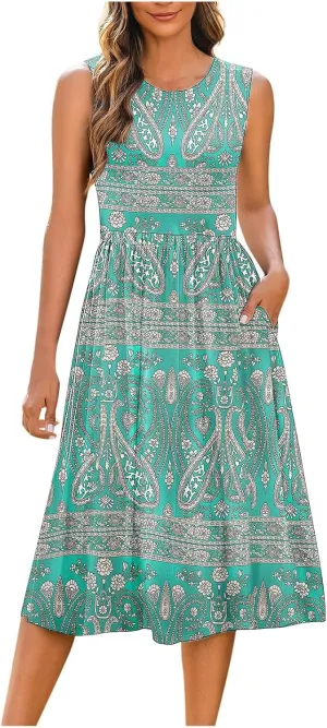 Midi Dresses for Women Casual Floral Graphic Tank Midi Dress Sleeveless Pocketed a Line Dresses Summer Beach Outfits