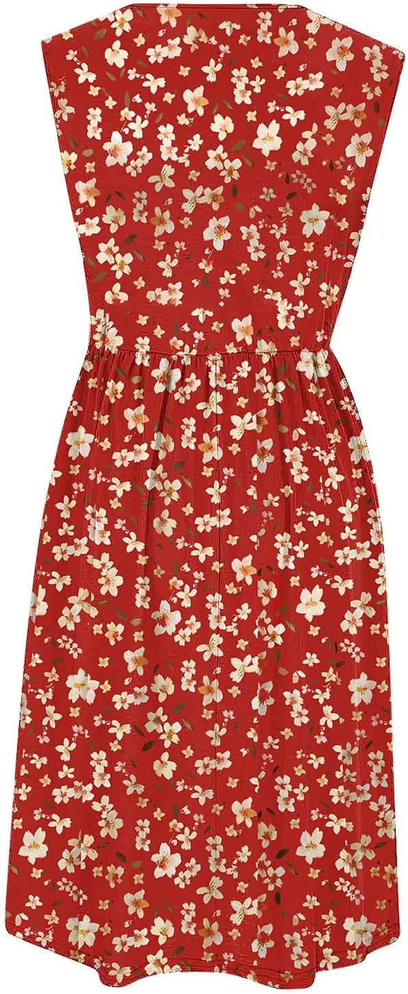 Midi Dresses for Women Casual Floral Graphic Tank Midi Dress Sleeveless Pocketed a Line Dresses Summer Beach Outfits