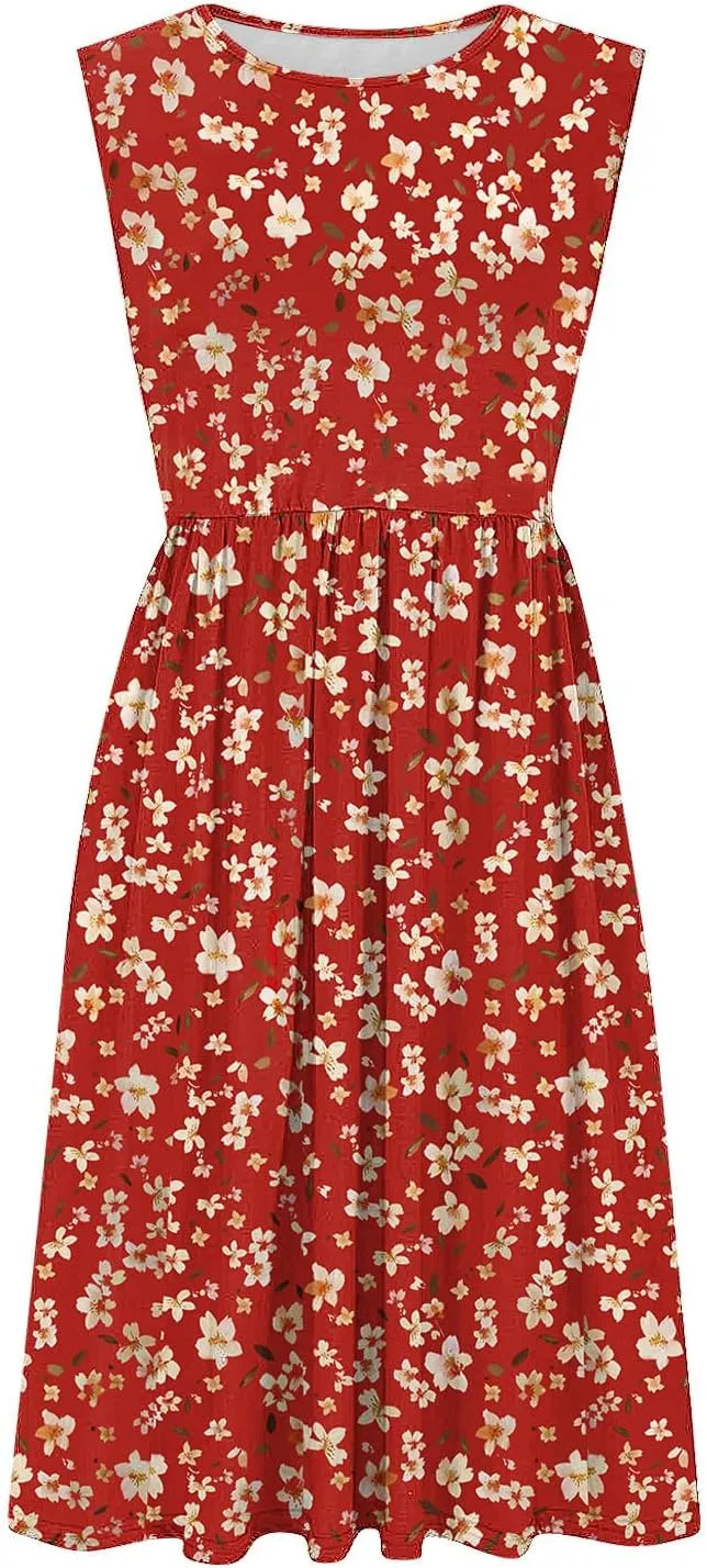 Midi Dresses for Women Casual Floral Graphic Tank Midi Dress Sleeveless Pocketed a Line Dresses Summer Beach Outfits