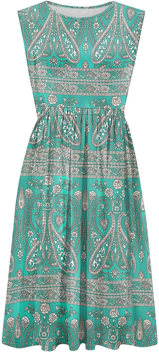 Midi Dresses for Women Casual Floral Graphic Tank Midi Dress Sleeveless Pocketed a Line Dresses Summer Beach Outfits
