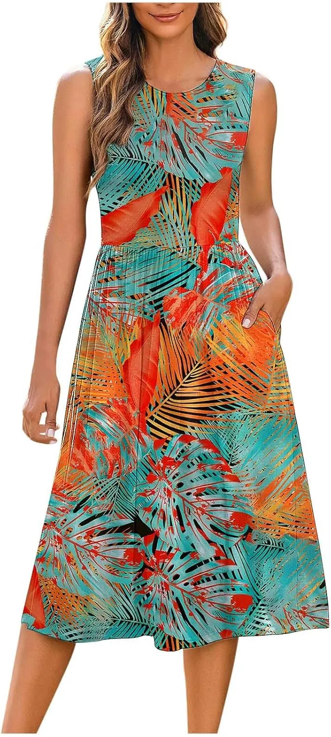 Midi Dresses for Women Casual Floral Graphic Tank Midi Dress Sleeveless Pocketed a Line Dresses Summer Beach Outfits