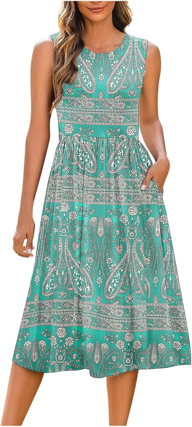 Midi Dresses for Women Casual Floral Graphic Tank Midi Dress Sleeveless Pocketed a Line Dresses Summer Beach Outfits