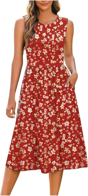 Midi Dresses for Women Casual Floral Graphic Tank Midi Dress Sleeveless Pocketed a Line Dresses Summer Beach Outfits