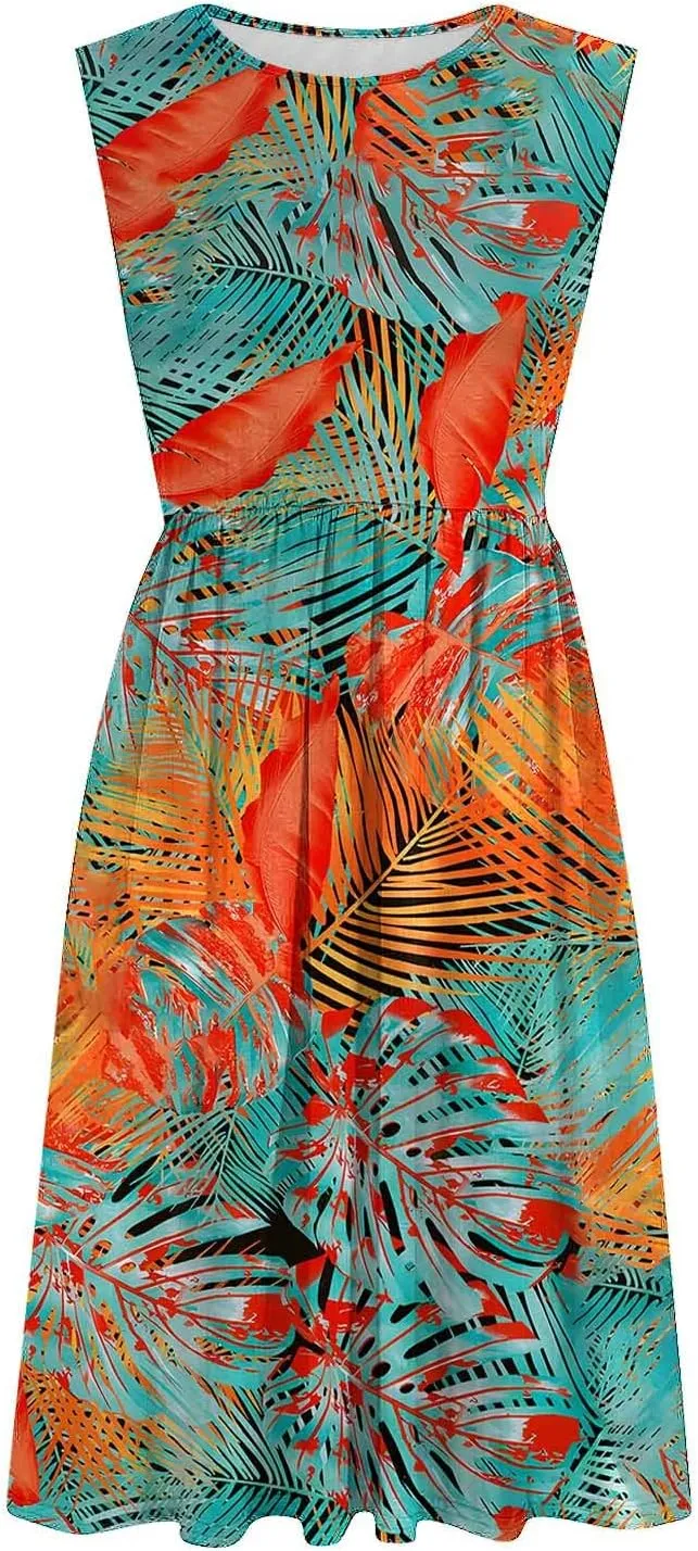 Midi Dresses for Women Casual Floral Graphic Tank Midi Dress Sleeveless Pocketed a Line Dresses Summer Beach Outfits