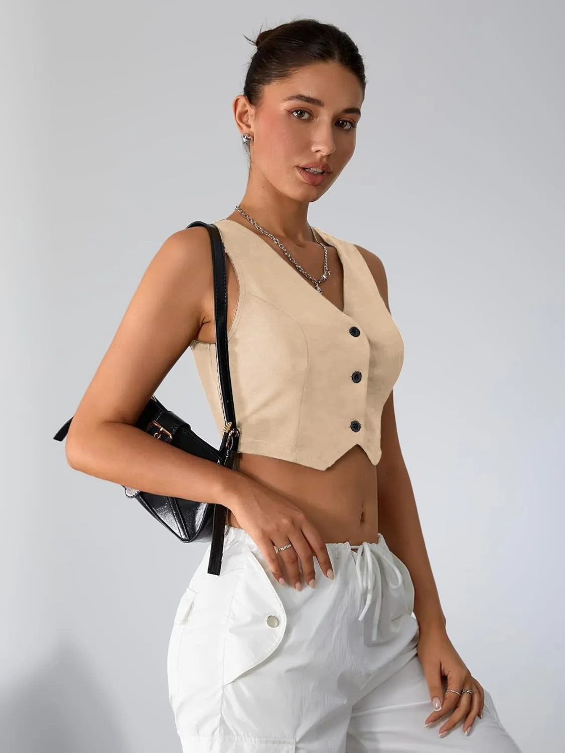 Milumia Women's Button Up Suit Vest Shirt Waistcoat Sleeveless Cropped Blazer Vest Tops