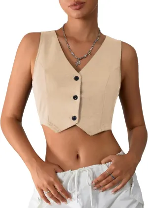 Milumia Women's Button Up Suit Vest Shirt Waistcoat Sleeveless Cropped Blazer Vest Tops