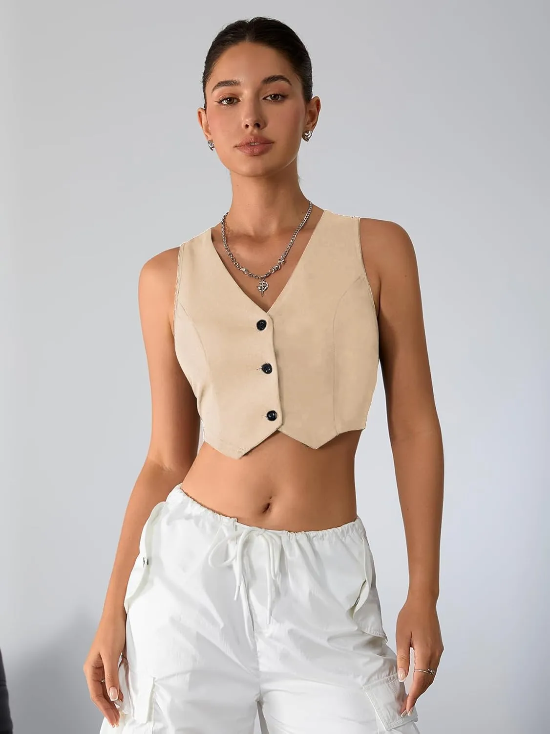 Milumia Women's Button Up Suit Vest Shirt Waistcoat Sleeveless Cropped Blazer Vest Tops