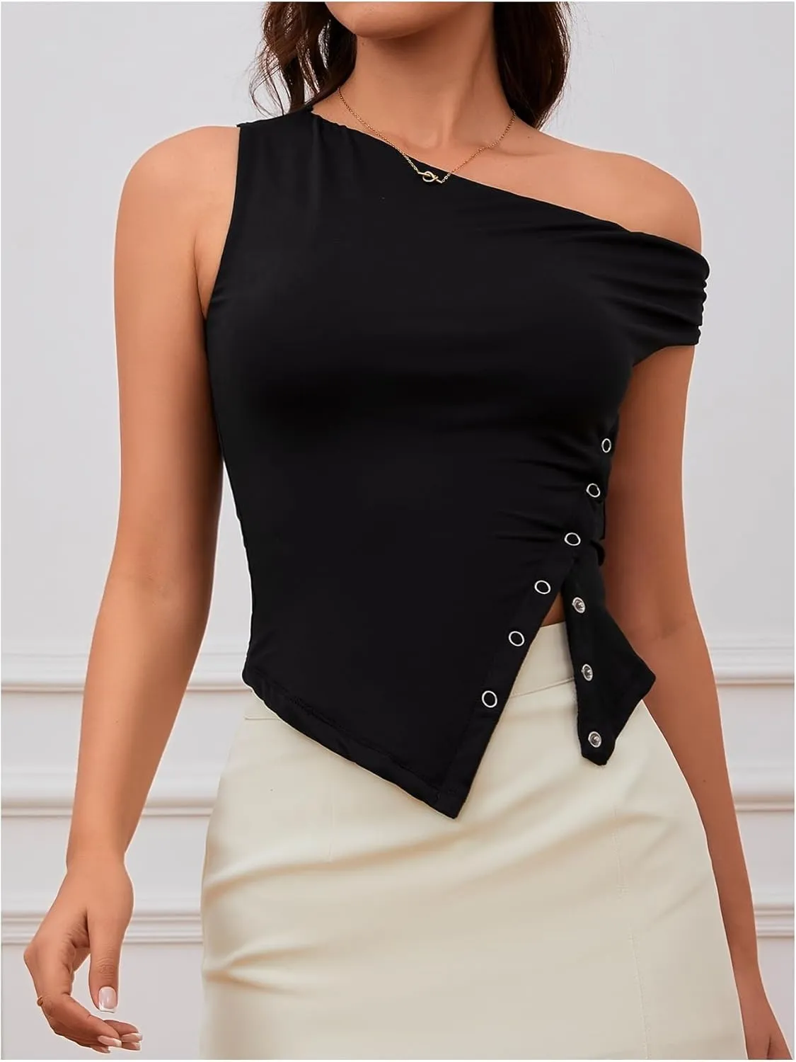 Milumia Women's Summer One Off Shoulder Button Tank Top Asymmetrical Y2K Going Out T Shirts
