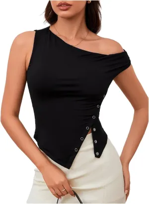 Milumia Women's Summer One Off Shoulder Button Tank Top Asymmetrical Y2K Going Out T Shirts