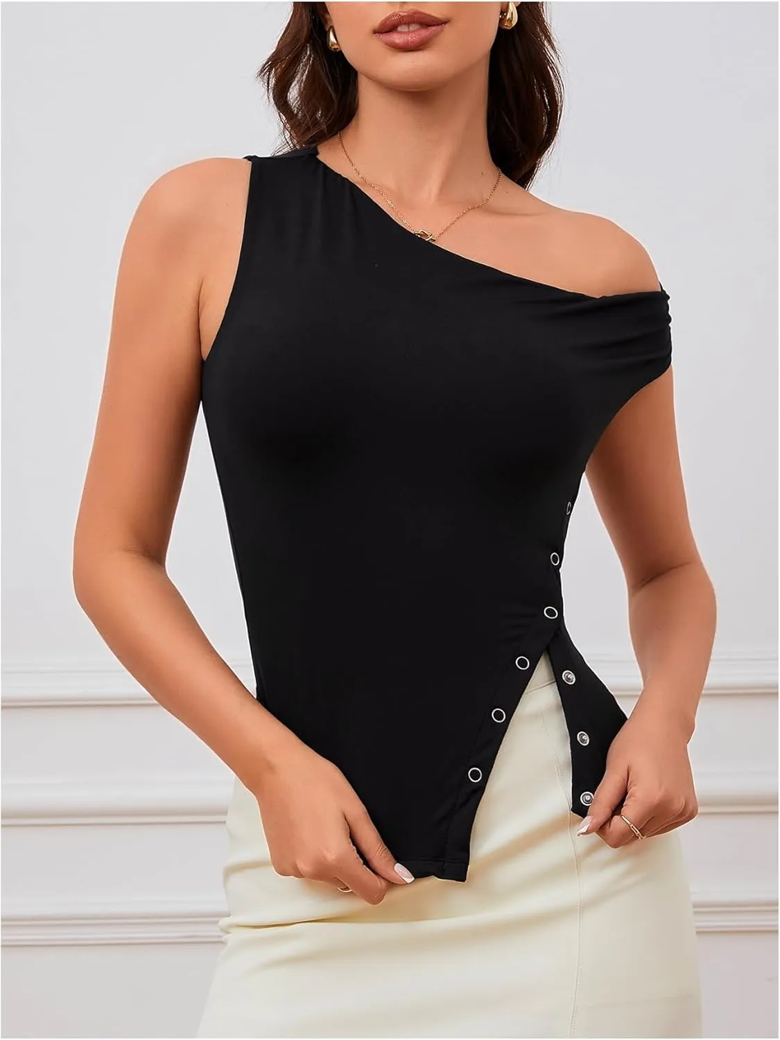 Milumia Women's Summer One Off Shoulder Button Tank Top Asymmetrical Y2K Going Out T Shirts