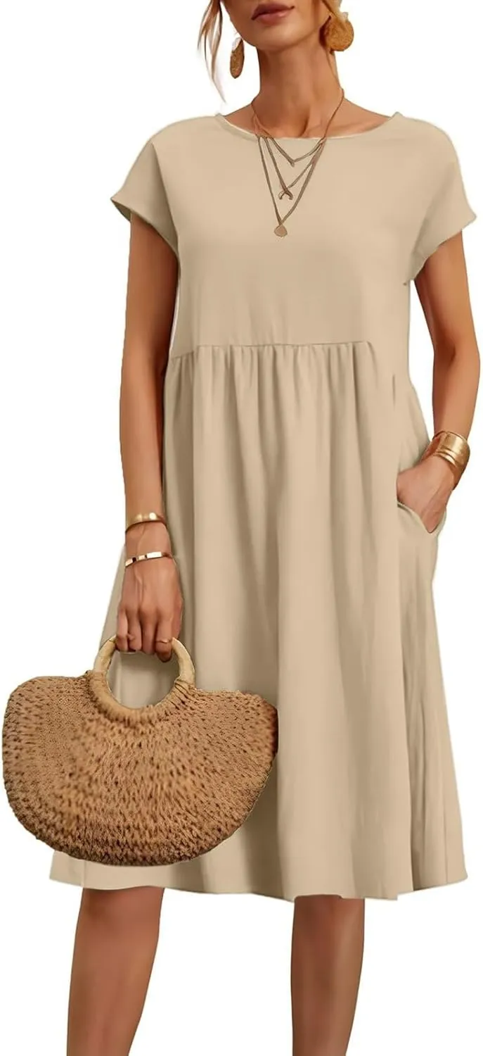 Miyaomn Women's Summer Midi Dresses Casual Cap Sleeve Crewneck A Line Swing Flowy Beach Sundress with Pockets T Shirts Dress