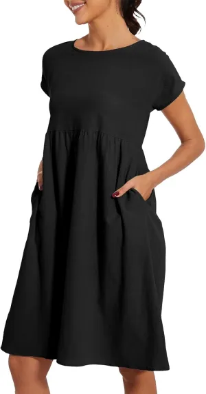 Miyaomn Women's Summer Midi Dresses Casual Cap Sleeve Crewneck A Line Swing Flowy Beach Sundress with Pockets T Shirts Dress