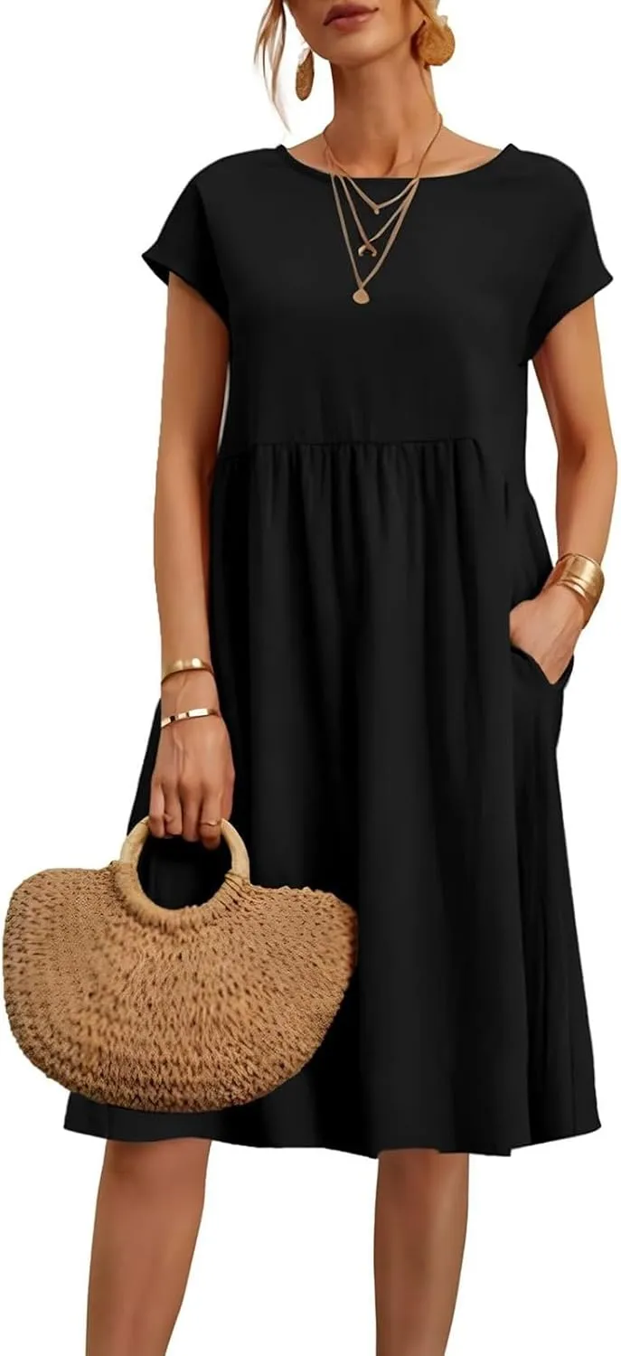 Miyaomn Women's Summer Midi Dresses Casual Cap Sleeve Crewneck A Line Swing Flowy Beach Sundress with Pockets T Shirts Dress