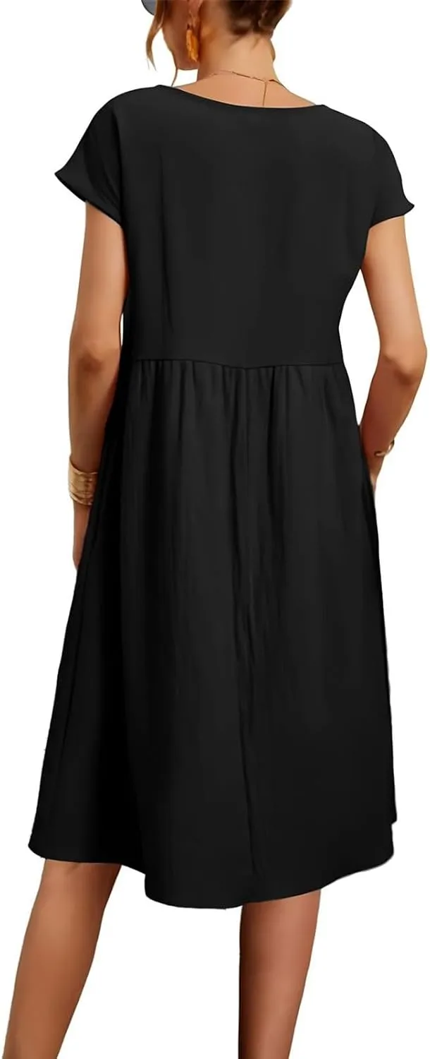 Miyaomn Women's Summer Midi Dresses Casual Cap Sleeve Crewneck A Line Swing Flowy Beach Sundress with Pockets T Shirts Dress