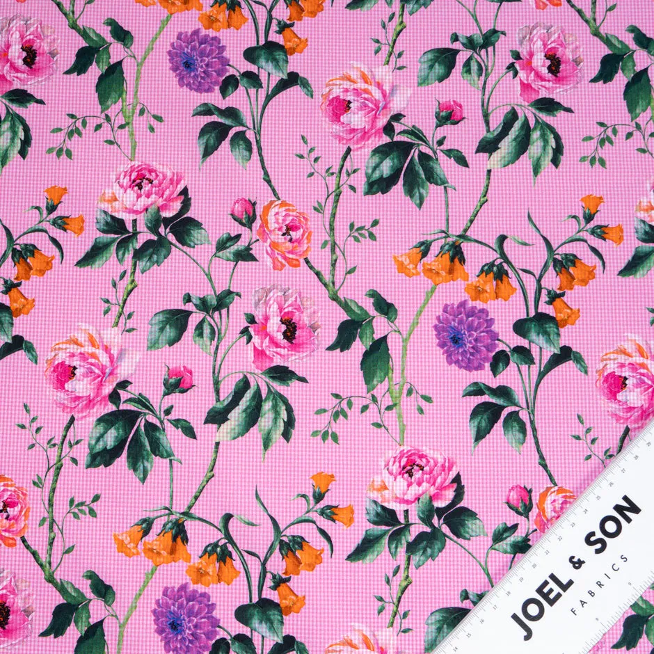 Multi Floral Printed Candy Pink Gingham Pure Cotton