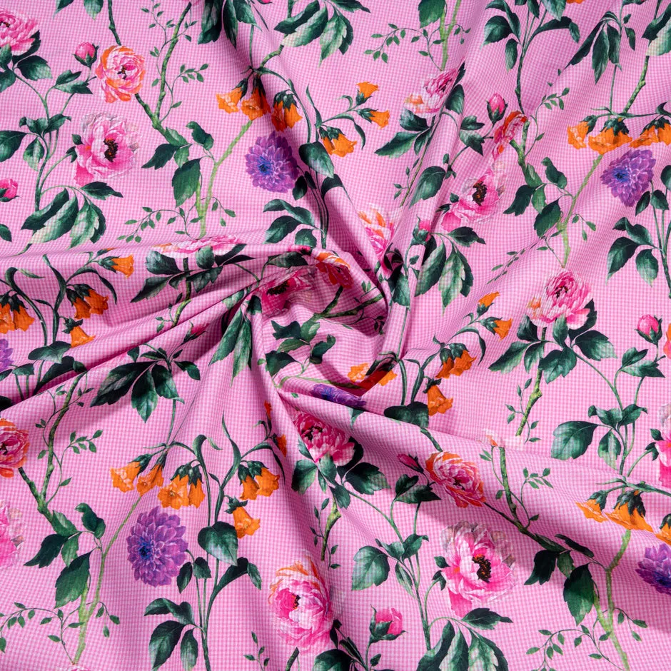Multi Floral Printed Candy Pink Gingham Pure Cotton