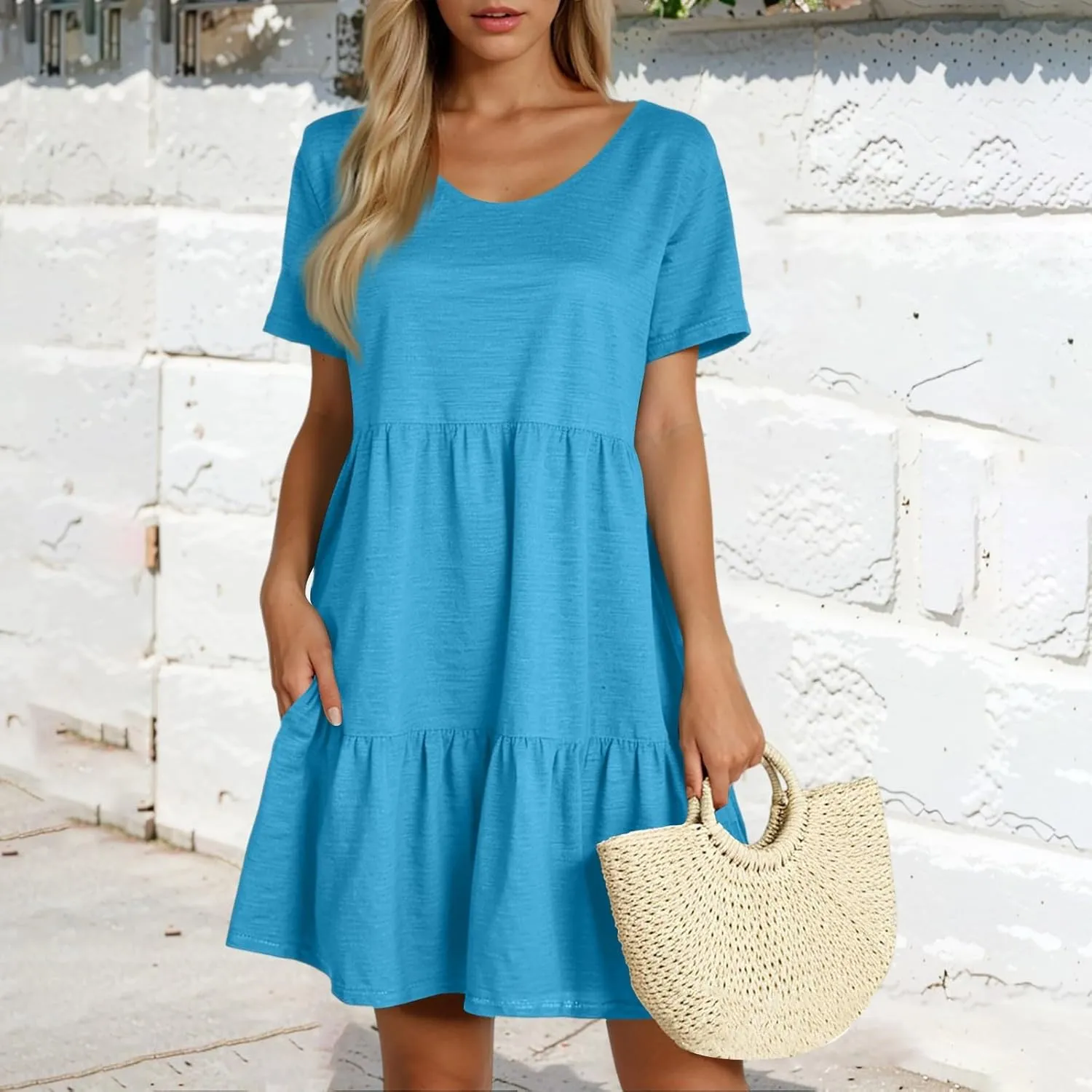 NBXNZWF Women's Summer T Shirts Dress 2025 Round Neck Short Sleeve Tiered Beach Vacation Mini Cake Sundress with Pockets