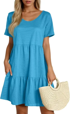NBXNZWF Women's Summer T Shirts Dress 2025 Round Neck Short Sleeve Tiered Beach Vacation Mini Cake Sundress with Pockets