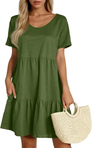 NBXNZWF Women's Summer T Shirts Dress 2025 Round Neck Short Sleeve Tiered Beach Vacation Mini Cake Sundress with Pockets