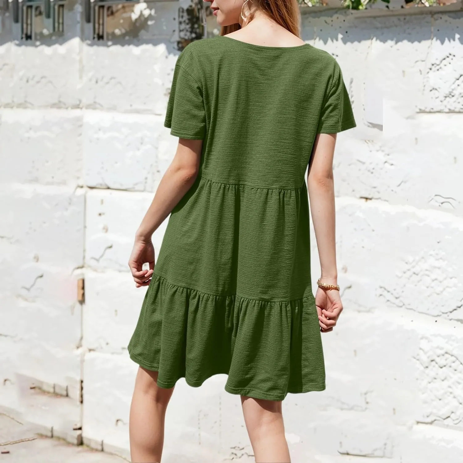 NBXNZWF Women's Summer T Shirts Dress 2025 Round Neck Short Sleeve Tiered Beach Vacation Mini Cake Sundress with Pockets