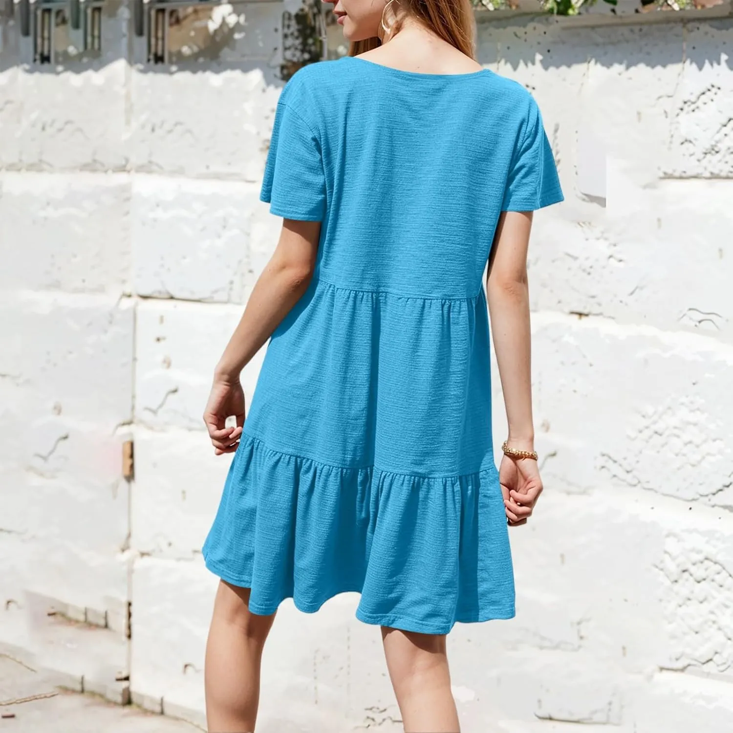 NBXNZWF Women's Summer T Shirts Dress 2025 Round Neck Short Sleeve Tiered Beach Vacation Mini Cake Sundress with Pockets
