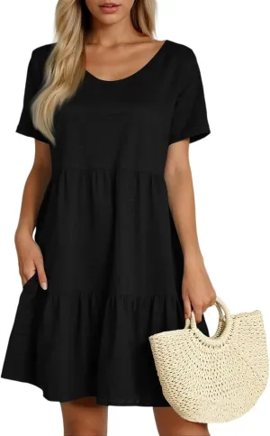 NBXNZWF Women's Summer T Shirts Dress 2025 Round Neck Short Sleeve Tiered Beach Vacation Mini Cake Sundress with Pockets