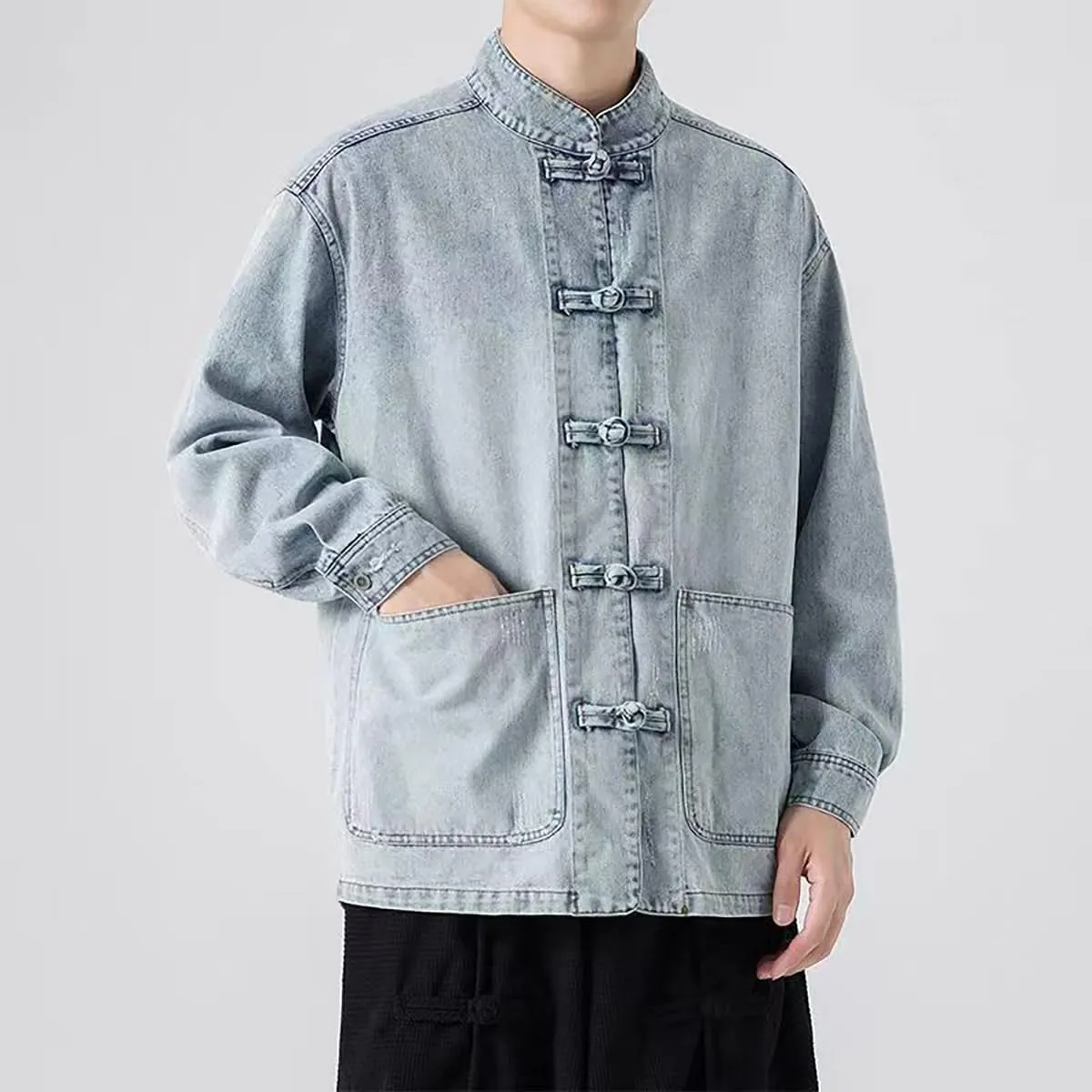 NCDUANSAN New Chinese style button up men's denim jacket, niche long sleeved jacket, casual and fashionable design hip-hop