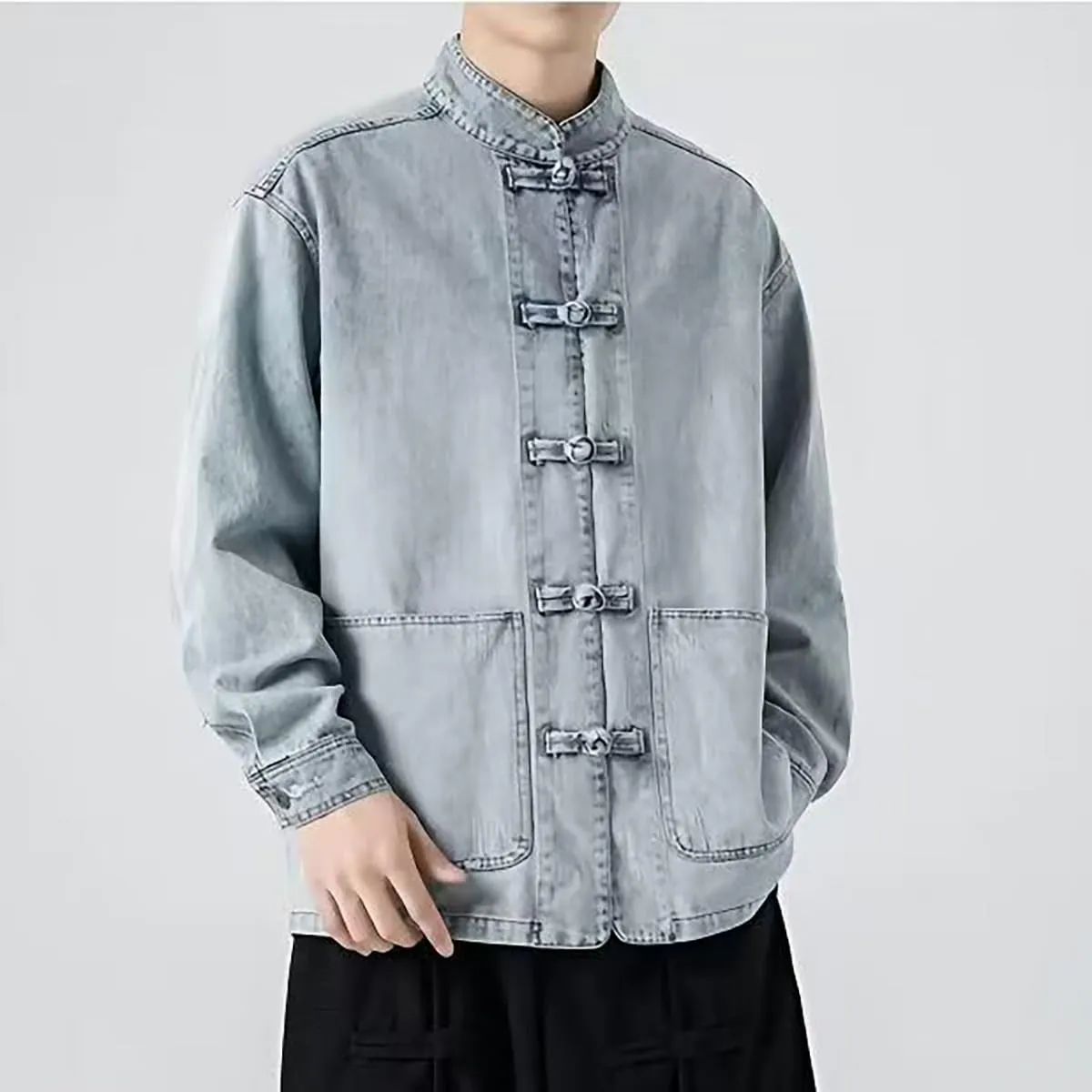 NCDUANSAN New Chinese style button up men's denim jacket, niche long sleeved jacket, casual and fashionable design hip-hop
