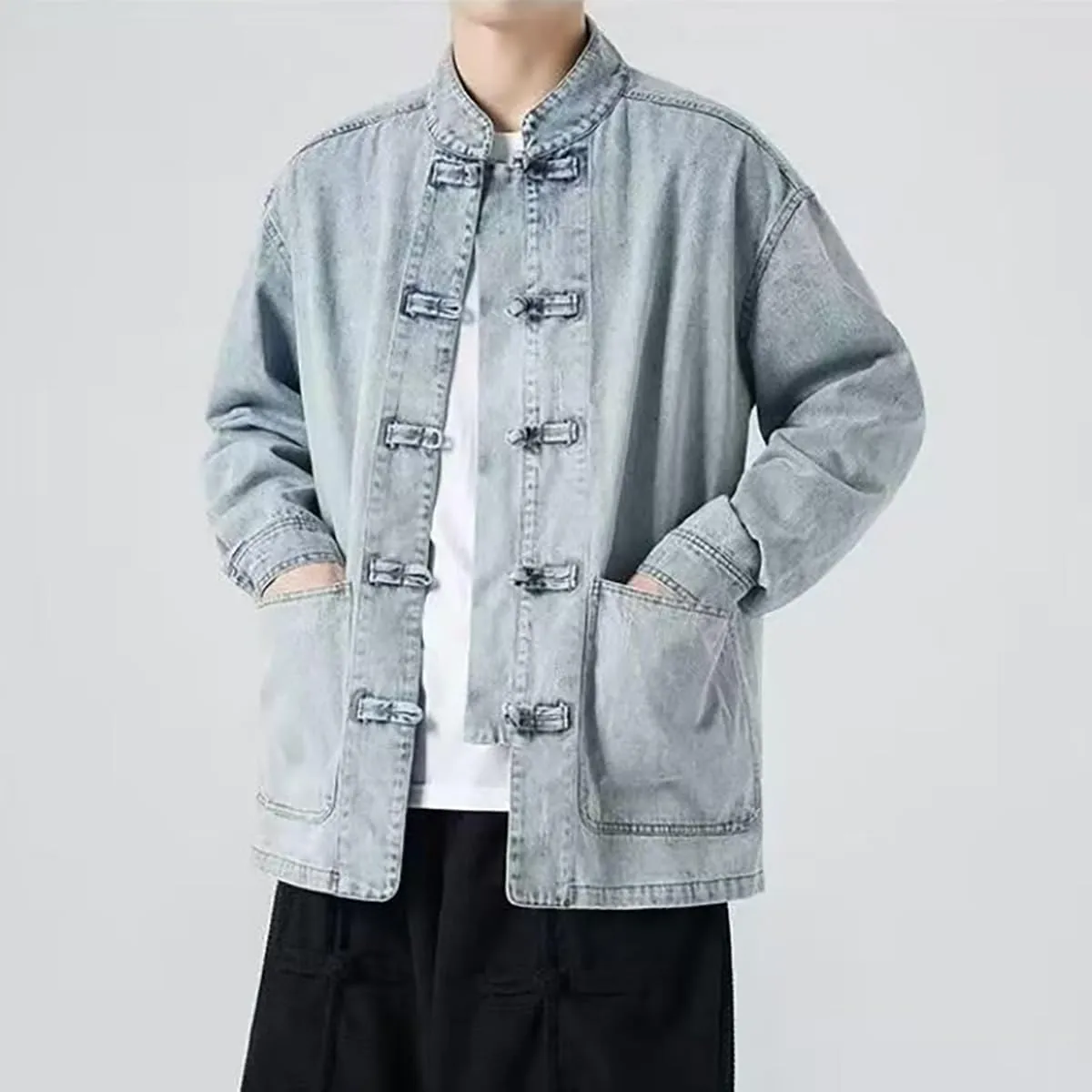NCDUANSAN New Chinese style button up men's denim jacket, niche long sleeved jacket, casual and fashionable design hip-hop