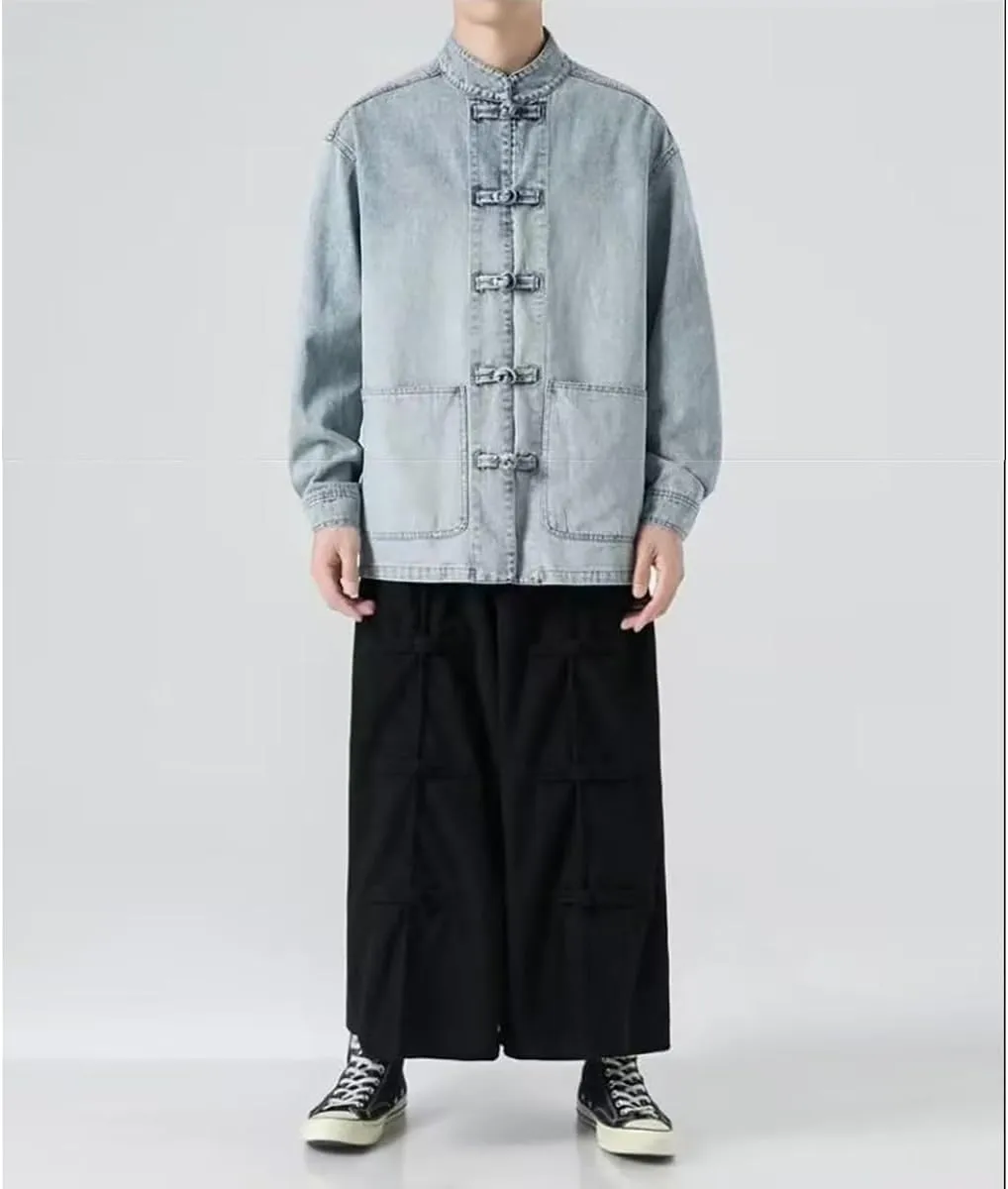 NCDUANSAN New Chinese style button up men's denim jacket, niche long sleeved jacket, casual and fashionable design hip-hop