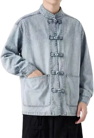 NCDUANSAN New Chinese style button up men's denim jacket, niche long sleeved jacket, casual and fashionable design hip-hop