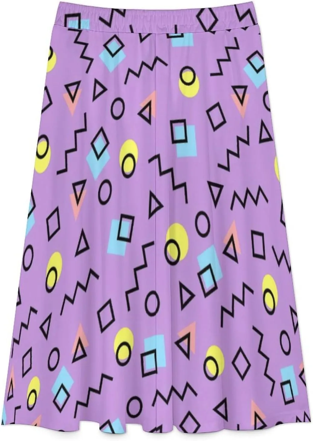 Novelty Purple Geometric Printed Midi Skirts High Elastic Waist Ruffling Swing Spring Skirt