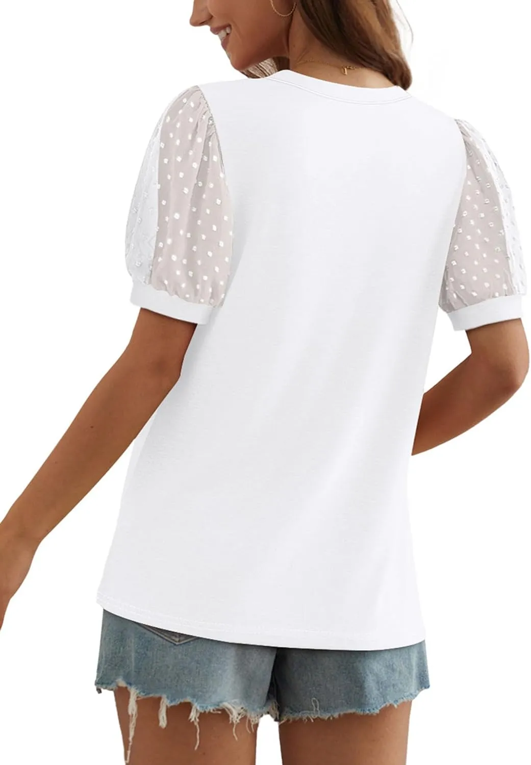 OFEEFAN Womens Summer Tops Pleated Swiss Dot Puff Sleeve Crew Neck T Shirts Loose Casual S-3XL