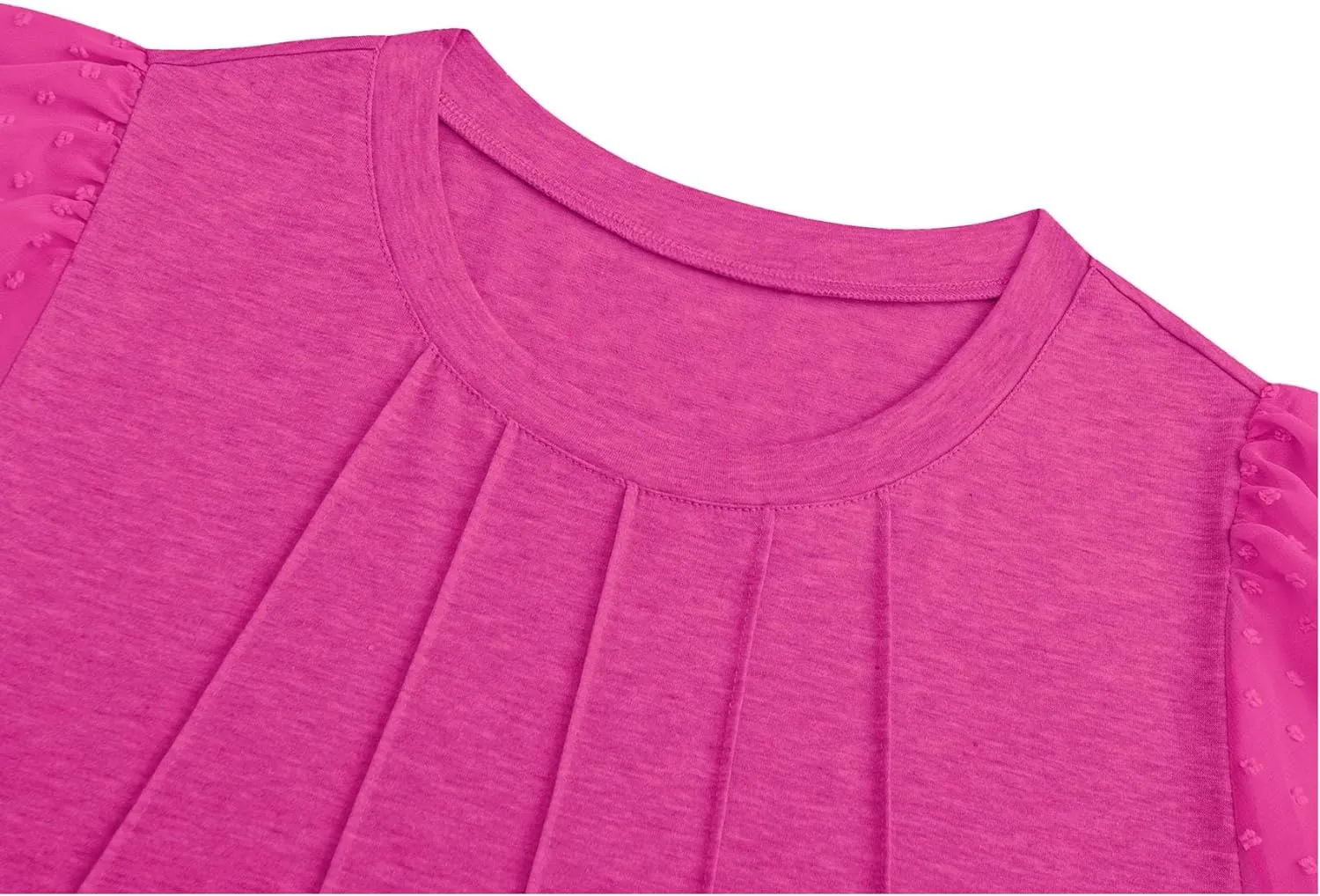 OFEEFAN Womens Summer Tops Pleated Swiss Dot Puff Sleeve Crew Neck T Shirts Loose Casual S-3XL