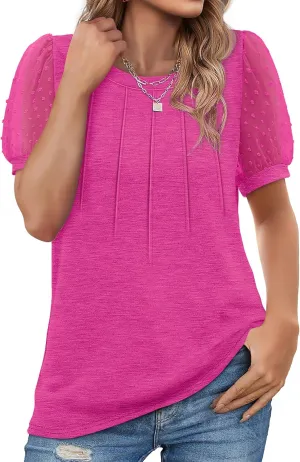 OFEEFAN Womens Summer Tops Pleated Swiss Dot Puff Sleeve Crew Neck T Shirts Loose Casual S-3XL