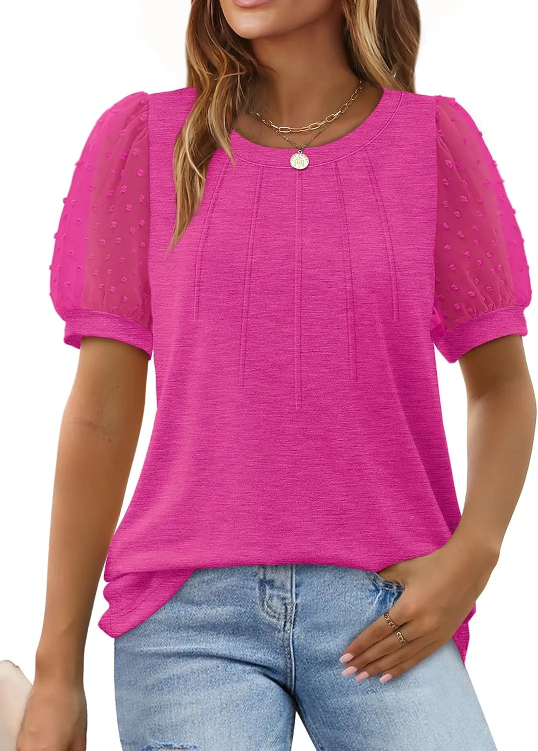OFEEFAN Womens Summer Tops Pleated Swiss Dot Puff Sleeve Crew Neck T Shirts Loose Casual S-3XL