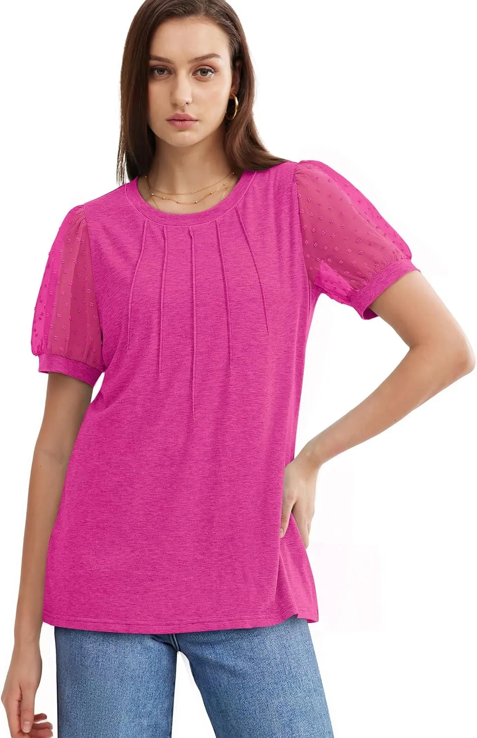 OFEEFAN Womens Summer Tops Pleated Swiss Dot Puff Sleeve Crew Neck T Shirts Loose Casual S-3XL